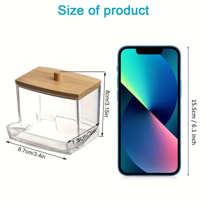 [7oz Acrylic Swab Holder] 1pc 7oz Clear Acrylic Swab Holder with High-Quality Wooden Lid | Sleek, Polished Bathroom Container for Swabs & Pads, Lightweight & Easy to Install, Bathroom Accessories