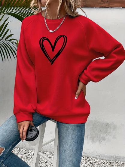 Cozy Fleece-Lined Women's Heart Print Sweatshirt - Casual Long Sleeve Crew Neck Pullover, Perfect for Fall & Winter, Machine Washable, Grey with Black Heart Design