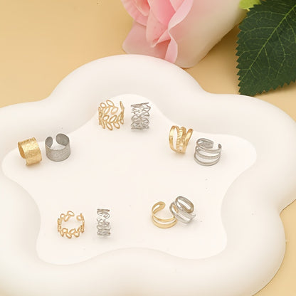 New Multi-Piece Set Metal Style Minimalist Fashion Versatile Matte Willow Branch Leaf Shape Solid Color Clip-On Earrings Fashion Personality Women's Earring Jewelry Set