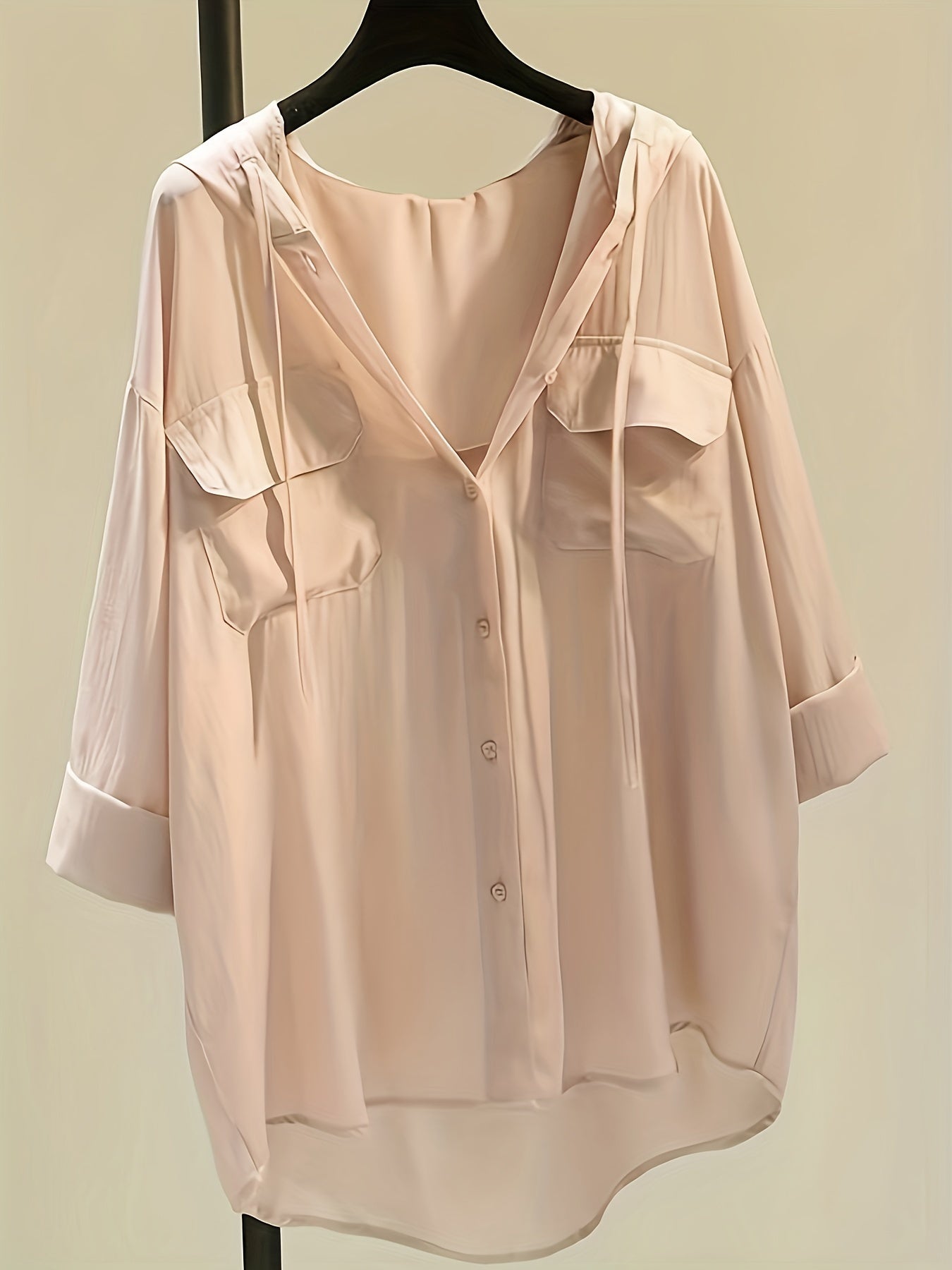 Solid Pocket Button Hooded Blouse, Casual Drawstring Blouse For Spring & Summer, Women's Clothing