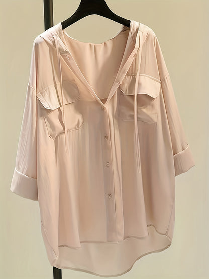 Solid Pocket Button Hooded Blouse, Casual Drawstring Blouse For Spring & Summer, Women's Clothing