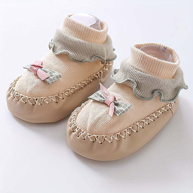 Spring/Autumn Cartoon Children's -Soled Socks, Baby's First Walking Floor Socks with Bow, Non-Slip Soft-Soled Shoe Socks for Kids