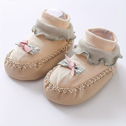 Spring/Autumn Cartoon Children's -Soled Socks, Baby's First Walking Floor Socks with Bow, Non-Slip Soft-Soled Shoe Socks for Kids