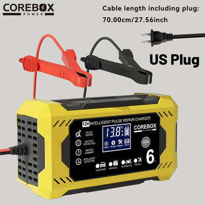 COREBOX 12V 6A Smart Battery Charger And Maintainer with LCD Display | US Plug, 110-130V Power Supply, Suitable for Cars, Trucks, Motorcycles, Lawn Mowers, Marine Lead Acid Batteries, Trickle Charging And Desulfation, Battery Not Included