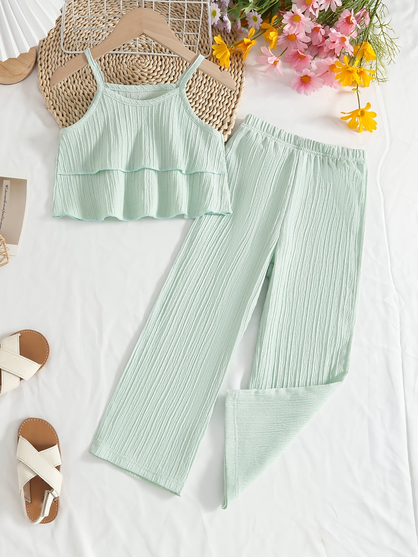 Little Girl's Summer Plain Vest 2pcs Set with Straight Trousers, Fashionable and Elegant Children's Clothing., Perfect for Outdoor