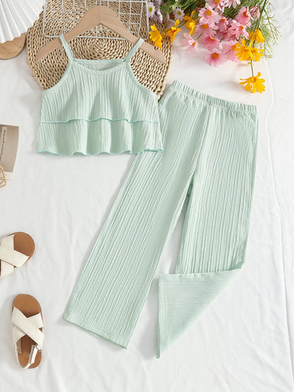 Little Girl's Summer Plain Vest 2pcs Set with Straight Trousers, Fashionable and Elegant Children's Clothing., Perfect for Outdoor