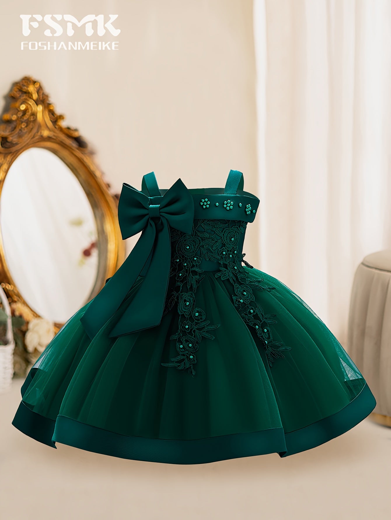 New Children'S First Birthday Baptism Dress Princess Dress Baby Girl Mesh Tutu Skirt Bow Dress Party Dress Off-The-Shoulder Embroidered Dress 1