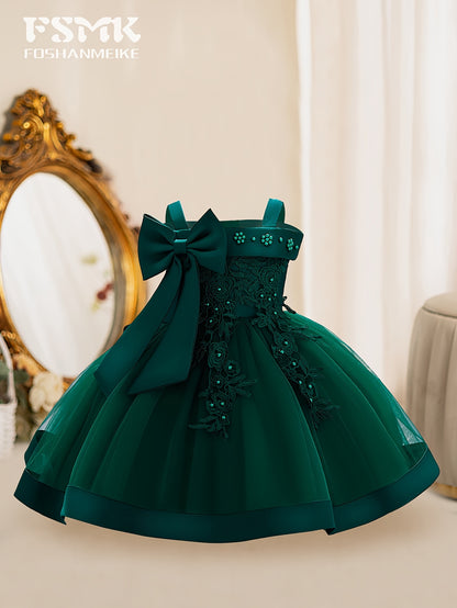 New Children'S First Birthday Baptism Dress Princess Dress Baby Girl Mesh Tutu Skirt Bow Dress Party Dress Off-The-Shoulder Embroidered Dress 1
