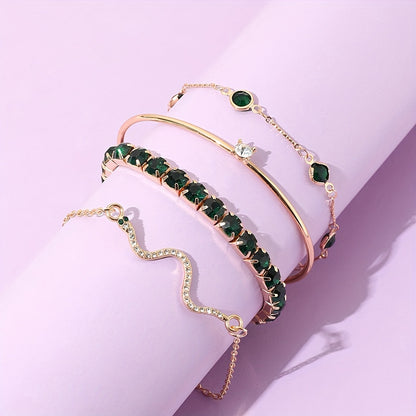 Set of 4 Elegant And Sexy Green Faux Gemstone Rhinestone Claw Chain Snake-Shaped Bracelets with Open Bangles