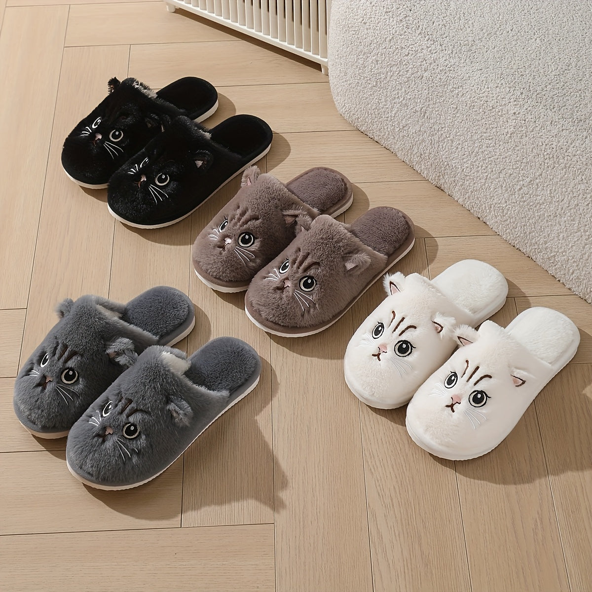 Women's Winter Indoor Home Plush Cat-Themed Warm Soft-Soled Couple's House Slippers, Floor Slippers for Men in Winter, Women Shoes