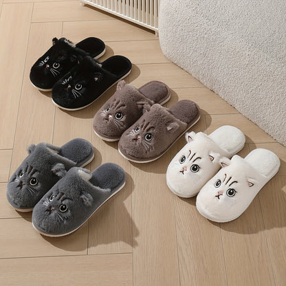 Women's Winter Indoor Home Plush Cat-Themed Warm Soft-Soled Couple's House Slippers, Floor Slippers for Men in Winter, Women Shoes
