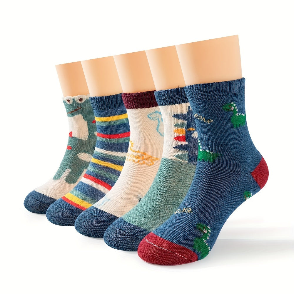 5 Pairs of Cartoon Dinosaur 5 Pairs of Boys Casual Fashion Knitted Breathable Sailor Socks Print Socks Socks, Boys Socks