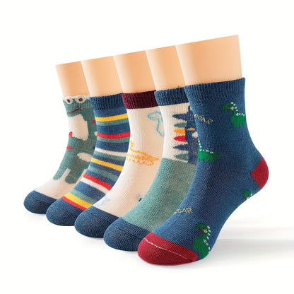 5 Pairs of Cartoon Dinosaur 5 Pairs of Boys Casual Fashion Knitted Breathable Sailor Socks Print Socks Socks, Boys Socks