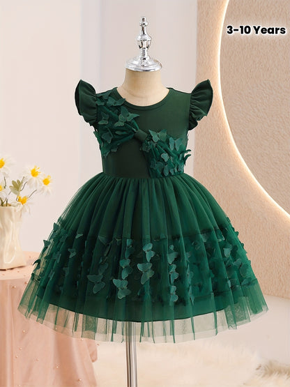 COVIVIKY Sweet and Adorable Fairy Princess Dress for Girls, with Ruffled Sleeves & 3D Butterfly Appliqué Embroidery on Tulle Tutu Skirt, Suitable for Children's Parties, Dance Gatherings, Performances, and Daily Wear