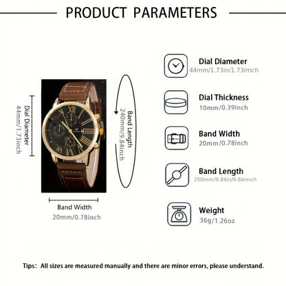 [Men's Brown Analog Watch Set] 4pcs/SET Men's Brown Analog Watch & Matching Bracelet Set - Analog Display with Calendar, Quartz Movement, Matching Bracelet - Stylish Gift for Him Suitable for Birthdays,, Special Events