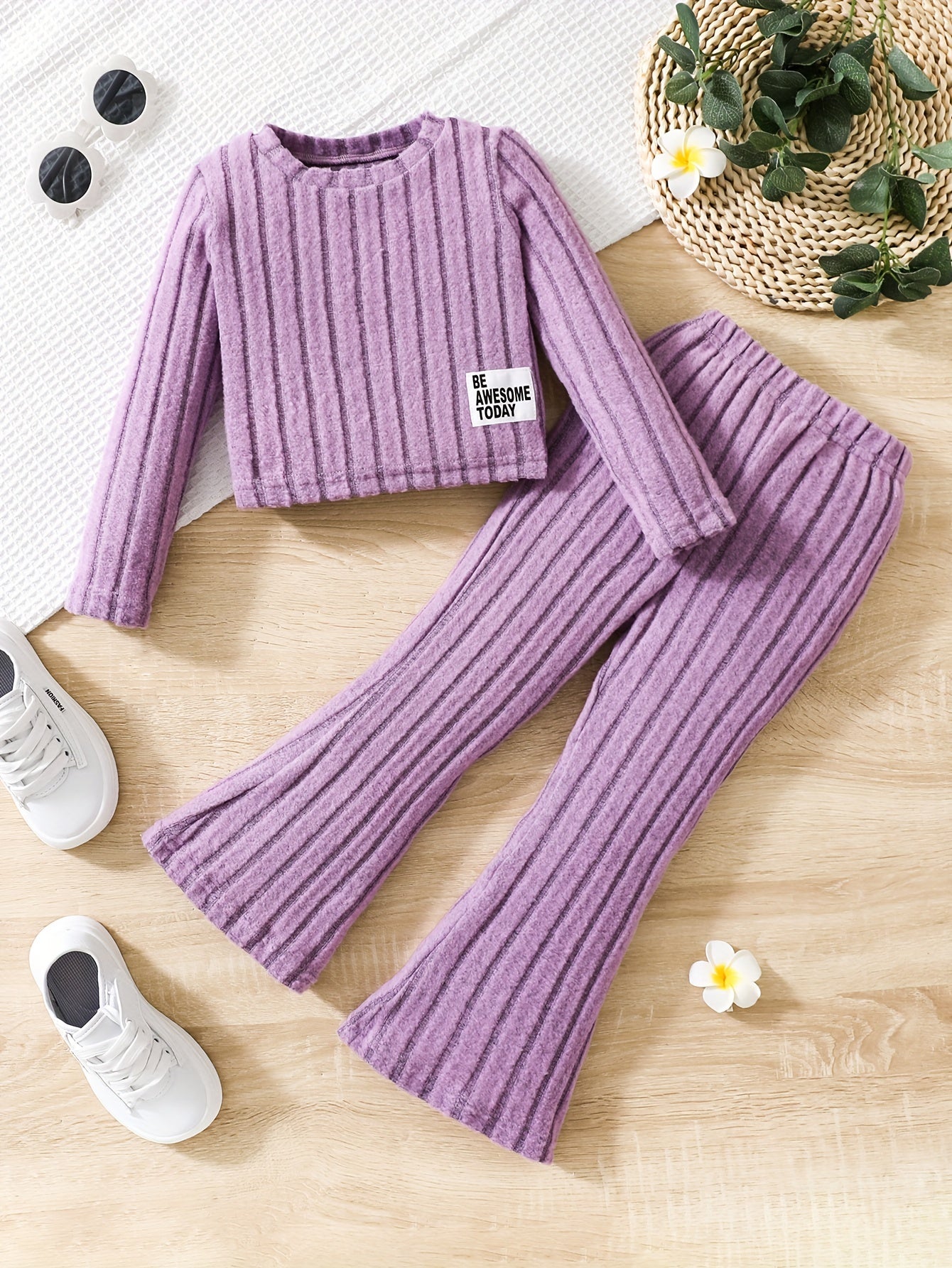 Young Girl Letter Collage Detail T-Shirt And Flared Pants, for Outdoor
