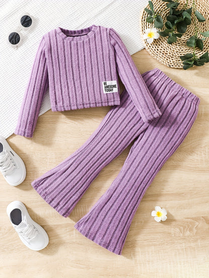 Young Girl Letter Collage Detail T-Shirt And Flared Pants, for Outdoor