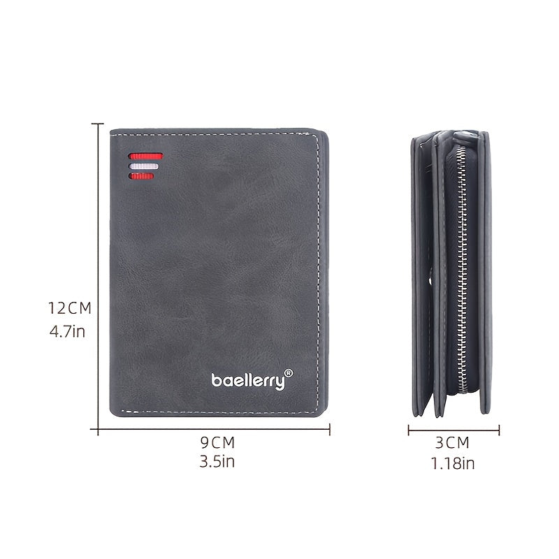 [Multi-card Retro Short Wallet] Baellerry Men's Business Retro Short Wallet Multi-card Slot PU Leather Buckle Zipper Bank Card Holder