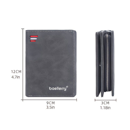 [Multi-card Retro Short Wallet] Baellerry Men's Business Retro Short Wallet Multi-card Slot PU Leather Buckle Zipper Bank Card Holder