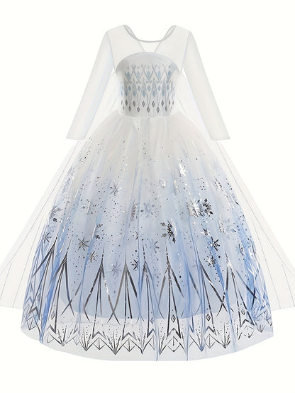 White Ice And Snow Dress for Girls, Themed Costume, White Princess Gown, Carnival Outfit, Floor-Length Cape Dress