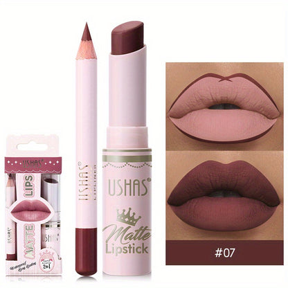 24 Hour Waterproof Velvet Matte Lipstick + Lip Liner - Nonstick Cup Lipgloss Lip Stain Pigmented Lip Makeup - Golden Box Nude Lipstick Valentine's Day Gifts