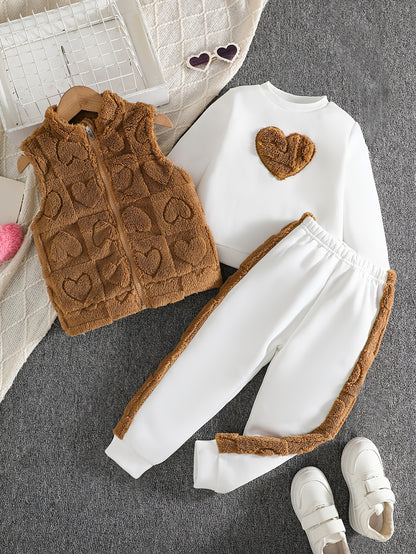 3pcs Girls' Casual Set/Plush Heart Jacquard Vest+Heart Embroidery Top+Plush Patchwork Pants/Warm Autumn Winter Fashion/Perfect for Outings Outdoor Activities
