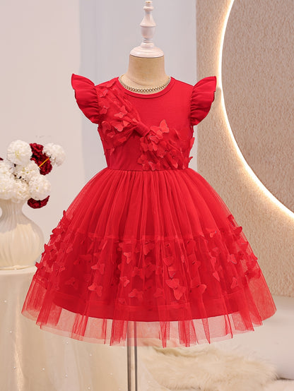 COVIVIKY Sweet and Adorable Fairy Princess Dress for Girls, with Ruffled Sleeves & 3D Butterfly Appliqué Embroidery on Tulle Tutu Skirt, Suitable for Children's Parties, Dance Gatherings, Performances, and Daily Wear