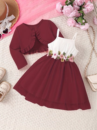Girls' Autumn And Winter Casual Fashion Two-Piece Set with Ruffled Jacket And Floral Embroidered Dress, Perfect for Holiday Party Gifts, for Outdoor