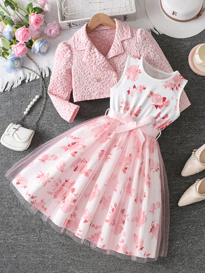 Girls' Autumn 2pcs Set: V-Neck Floral Print Long-Sleeve Outer Jacket and Rose Print Vest Dress with Spliced Mesh, Belt Included. A Stylish and Versatile Choice, Perfect for Daily Casual Wear, Outdoor Outings, Gatherings, Parties, and Other Special