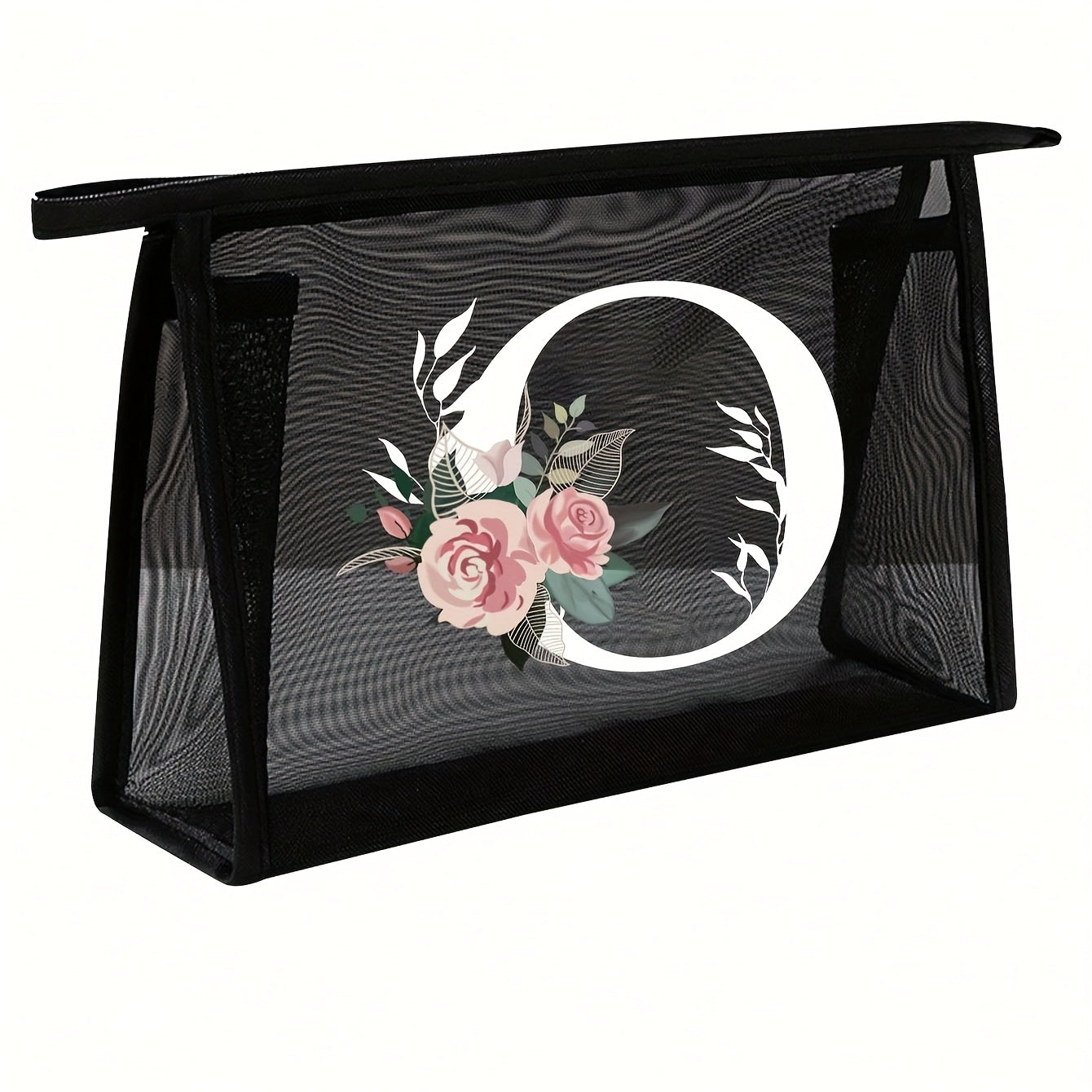 1pc Black Mesh Toiletries Storage Bag | Large Capacity Pink Flowers With White Letters A-Z, Transparent Mesh, Multi-Functional Travel Portable Bag, Lipstick Skin Care Storage, Easy And High-End, Jewelry Storage, Foldable And Lightweight