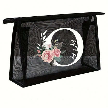 1pc Black Mesh Toiletries Storage Bag | Large Capacity Pink Flowers With White Letters A-Z, Transparent Mesh, Multi-Functional Travel Portable Bag, Lipstick Skin Care Storage, Easy And High-End, Jewelry Storage, Foldable And Lightweight