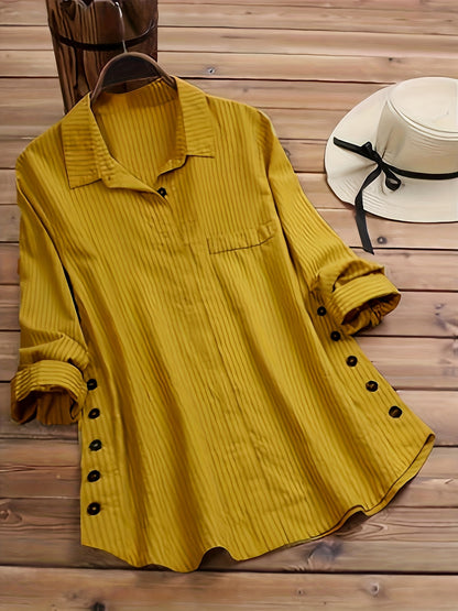 Spring,Autumn New Women's Solid Color Striped Button-Up, Faux Pocket Striped Long Sleeve Long Shirt Top