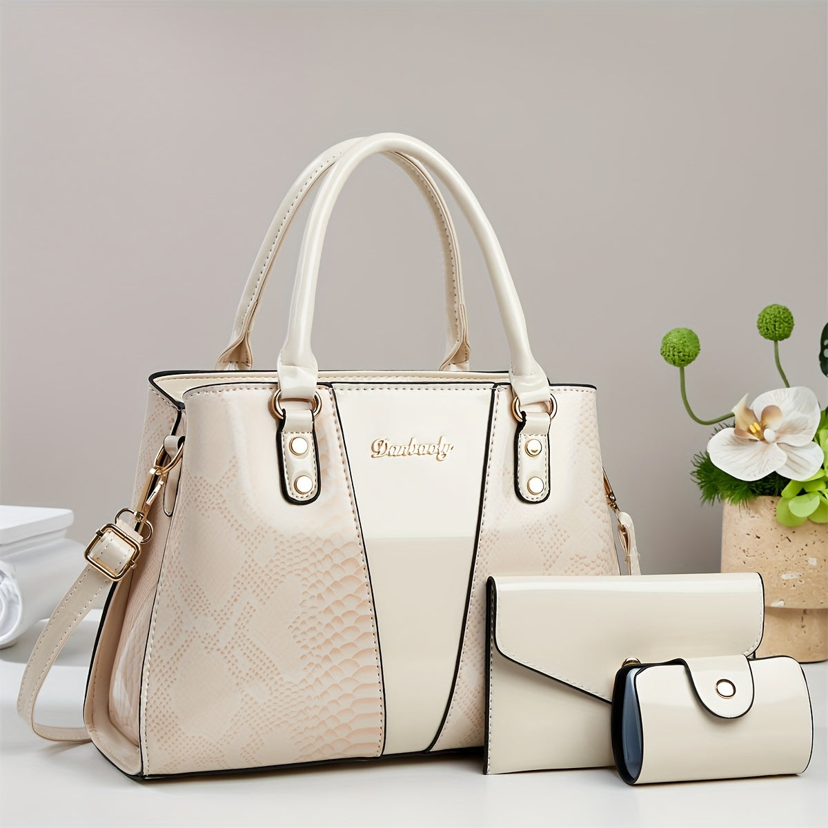 [Elegant PU Handbag] 3pcs Elegant PU Handbag Set - Large Capacity Crossbody Bag with Crocodile Pattern, Coin Purse and Card Holder - Lightweight Shoulder Bag with Sequins and Zipper Closure