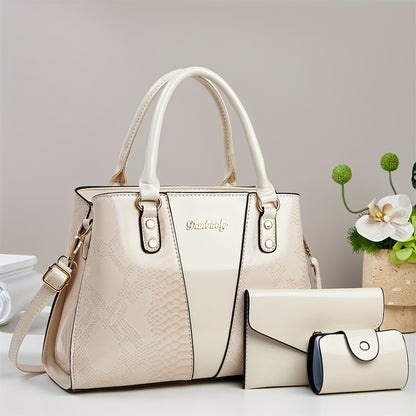 [Elegant PU Handbag] 3pcs Elegant PU Handbag Set - Large Capacity Crossbody Bag with Crocodile Pattern, Coin Purse and Card Holder - Lightweight Shoulder Bag with Sequins and Zipper Closure