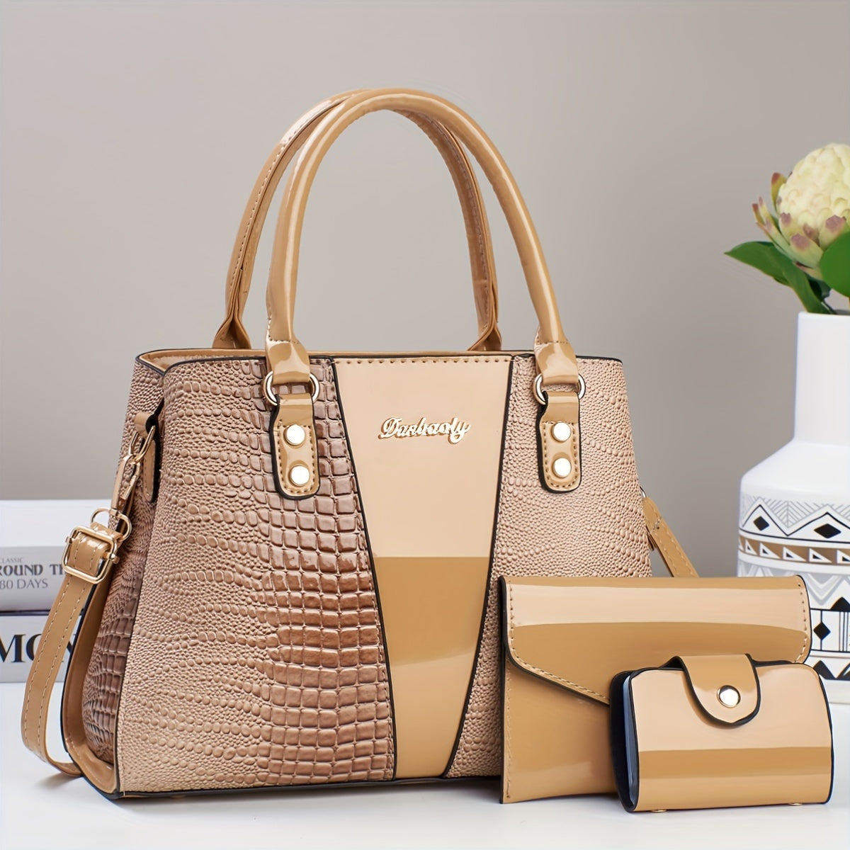 [Elegant PU Handbag] 3pcs Elegant PU Handbag Set - Large Capacity Crossbody Bag with Crocodile Pattern, Coin Purse and Card Holder - Lightweight Shoulder Bag with Sequins and Zipper Closure