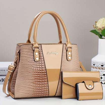 [Elegant PU Handbag] 3pcs Elegant PU Handbag Set - Large Capacity Crossbody Bag with Crocodile Pattern, Coin Purse and Card Holder - Lightweight Shoulder Bag with Sequins and Zipper Closure
