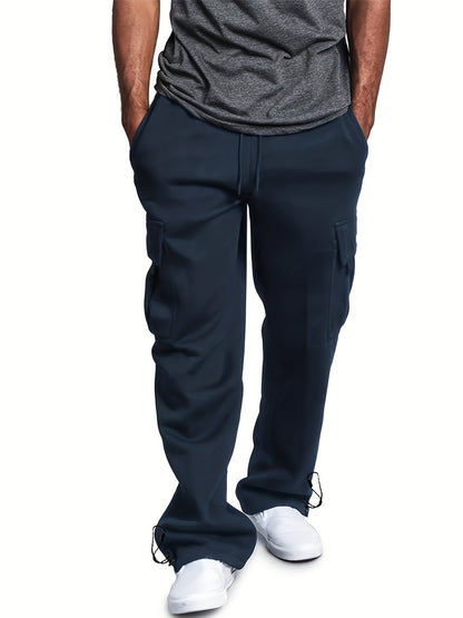 [Micro Elastic Underpants] Warmth Micro Elastic Men's Underpants Work Pants | Long Pants with Velvet Thickening Cold Protection Soft Light Beige-friendly Non-Ball Stretch Waistband Tied Feet Straight Two-Wear Loose Multi-Pocket Street Sports Casual Trendy