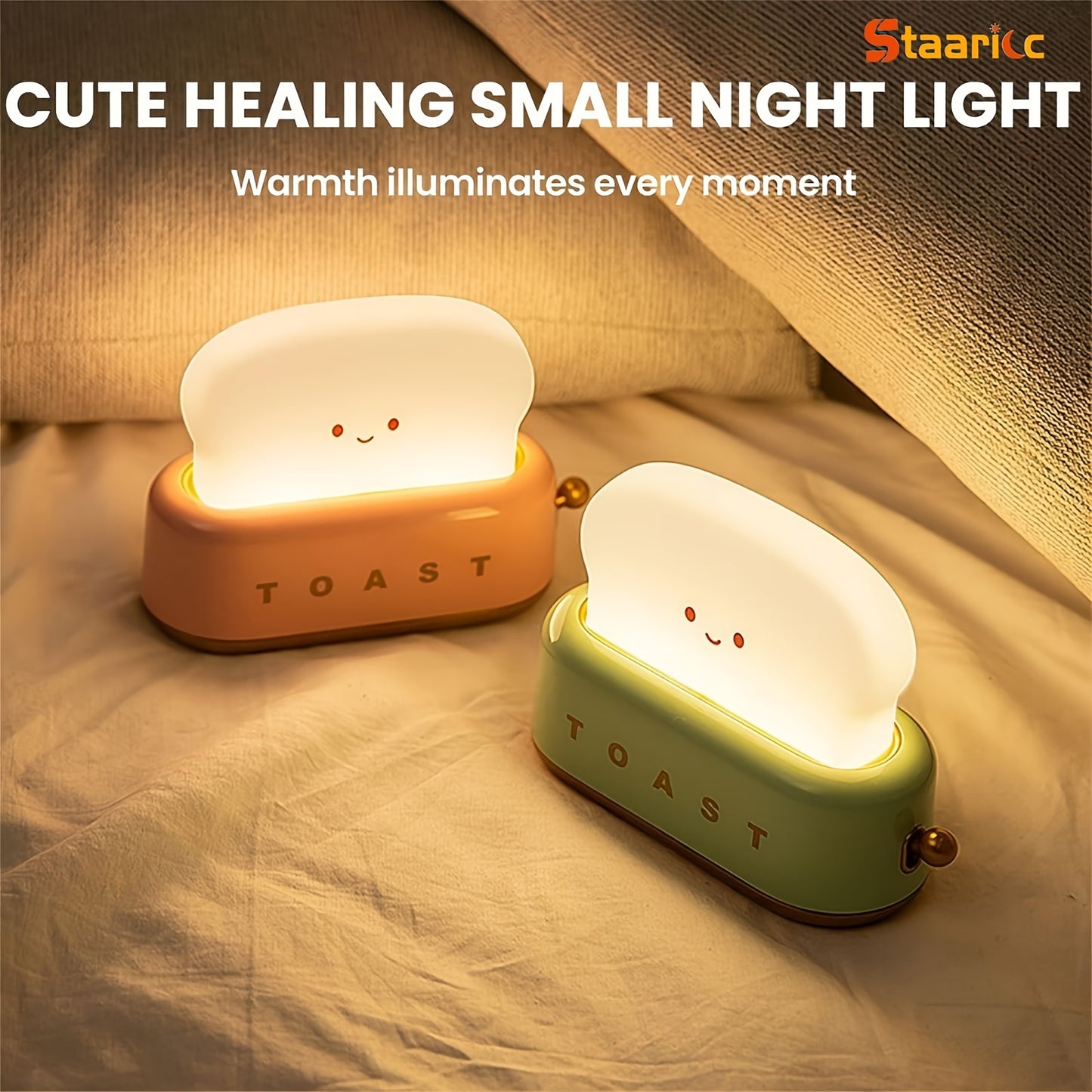 Staaricc USB Rechargeable Cute Toaster Shape LED Table Lamp, Heartwarming Decorative Table Lamp Toast Bread LED Night Light Creative Design Bread Night Light Suitable for Family Use Perfect Birthday Christmas Gift(Green/Orange/Pink)