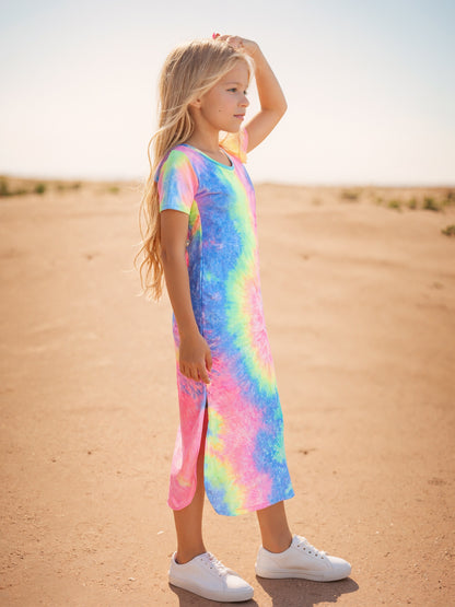 Girls' Dress for Spring And Summer, Lightweight Short-Sleeve, Mid-Length, Stylish And Trendy Summer Clothing for Girls, with Randomly Dyed Color Patterns