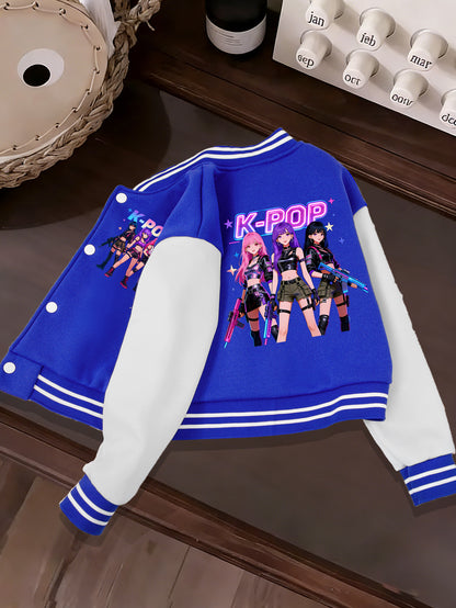 Girls' K-Pop Style Printed Baseball Jacket, Comfortable Everyday Schoolwear, Valentine's Day Pre-Heat Item