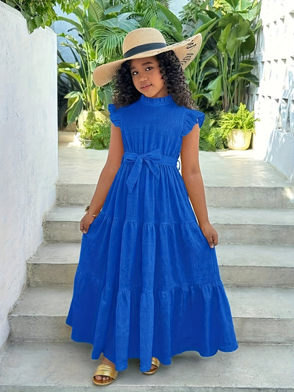 Elegant Long Dress for Teen Girls with Pleated Stand Collar, Ruffled Cap Sleeves, and Belt | Solid Color, Slight Stretch Fabric, Suitable for Casual Outdoor Vacations
