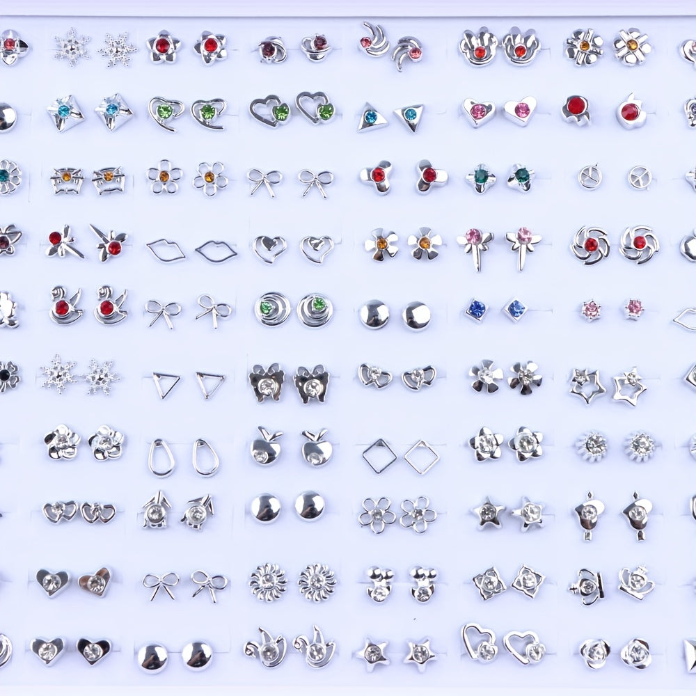 36 Pairs/Bag of Stylish Rhinestone Geometric Small Stud Earrings for Women, Featuring a Trendy Mini Flower And Heart Mixed Design, Perfect As Party Gifts