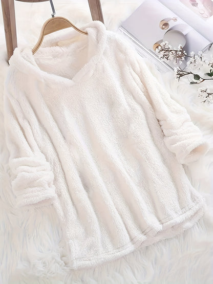 Fashion Women's Standard Size Fuzzy Pullover Solid Color Hoodie