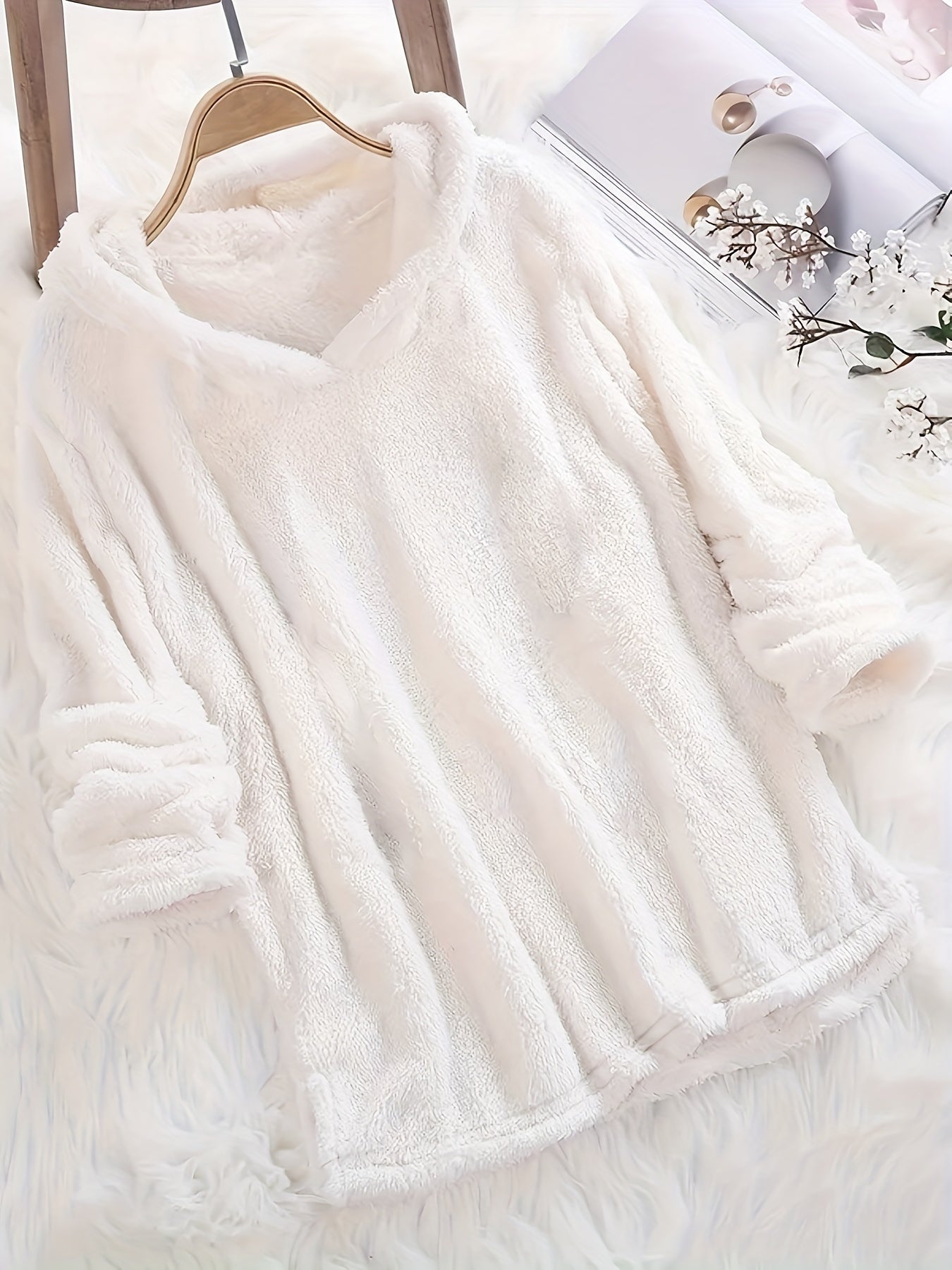 Fashion Women's Standard Size Fuzzy Pullover Solid Color Hoodie