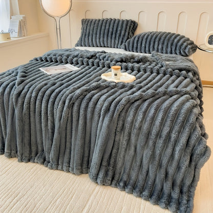 Gdan Rhinoceros Luxurious Faux Rabbit Fur Throw Blanket Suitable for Couch, Bed, Office & Travel - Soft Warm Cozy Striped Blanket, Contemporary Bedspread, Hand Washable, Ideal Christmas Gift & All-Season Use (Multicolor)