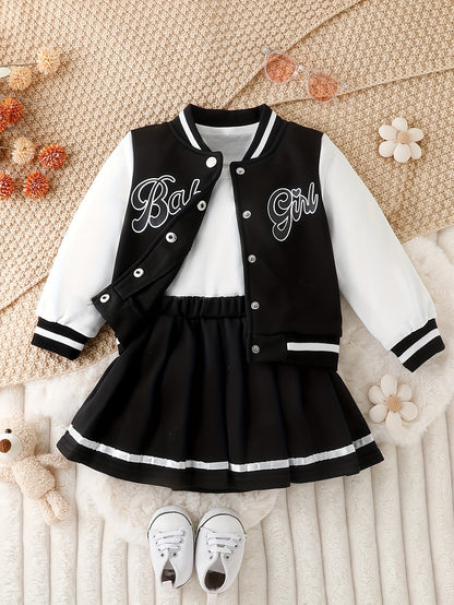 Girls' American-Style Patchwork Baseball Jacket And a Preppy-Style Skirt Set