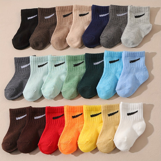 10 Pairs Baby Mid-Calf Socks - Assorted Candy Colors, Soft Polyester, Elastic Cuff, Machine Washable, Spring/Summer Infant Socks for Boys & Girls, Infant Socks, Infant Footwear, Playful Sock Patterns, Durable Sock Material