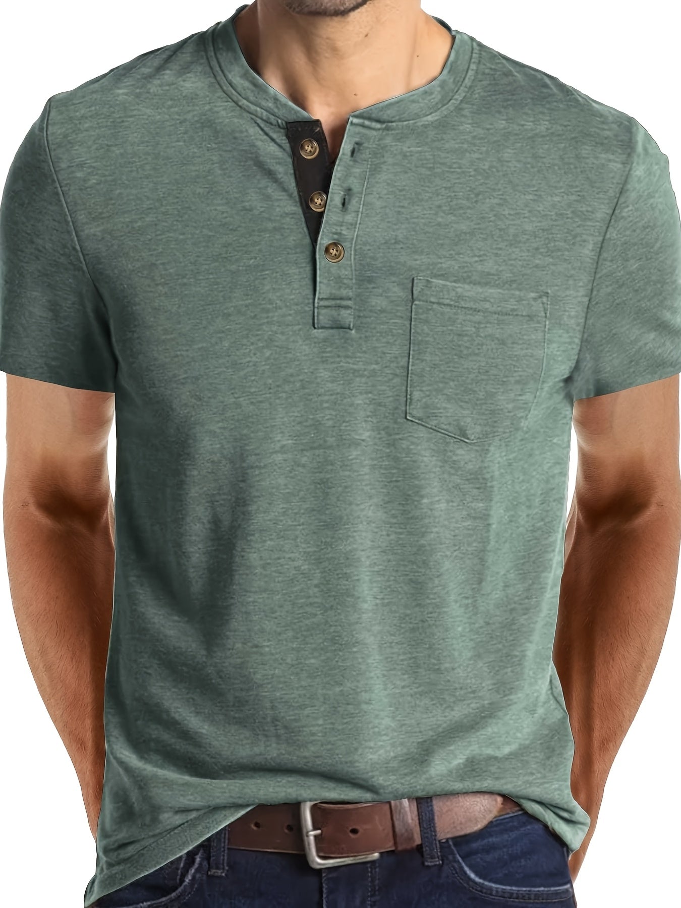 Men's Summer Casual Short Sleeve T-Shirt - Breathable Blend Round Neck Henley-Style Button Front, Semi-Sheer Fabric, Machine Washable Regular Fit for Outdoor & Casual Attire, Relaxed Style, Buttonfront Design, Easy Care, Buttonup Shirt, Warm Weather