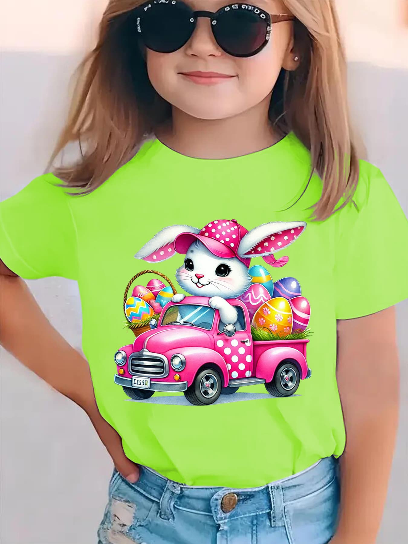 Girls' Easter Bunny Driving with Eggs Short Sleeve T-Shirt - Cute & EASTER Lettering Spring Summer Casual Round Neck Blouse for Easter Egg Hunt Outfits NY-DX5447