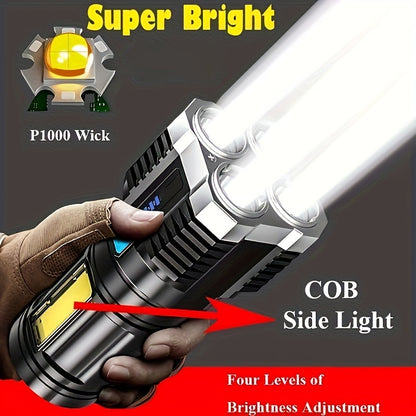 ANYICE 1pc LED Torch, IPX4 Strong 4 LED Flashlight with COB Side Light, 4 Modes USB Rechargeable LED Lantern, Flashlight with Built-In Battery, Camping Equipment